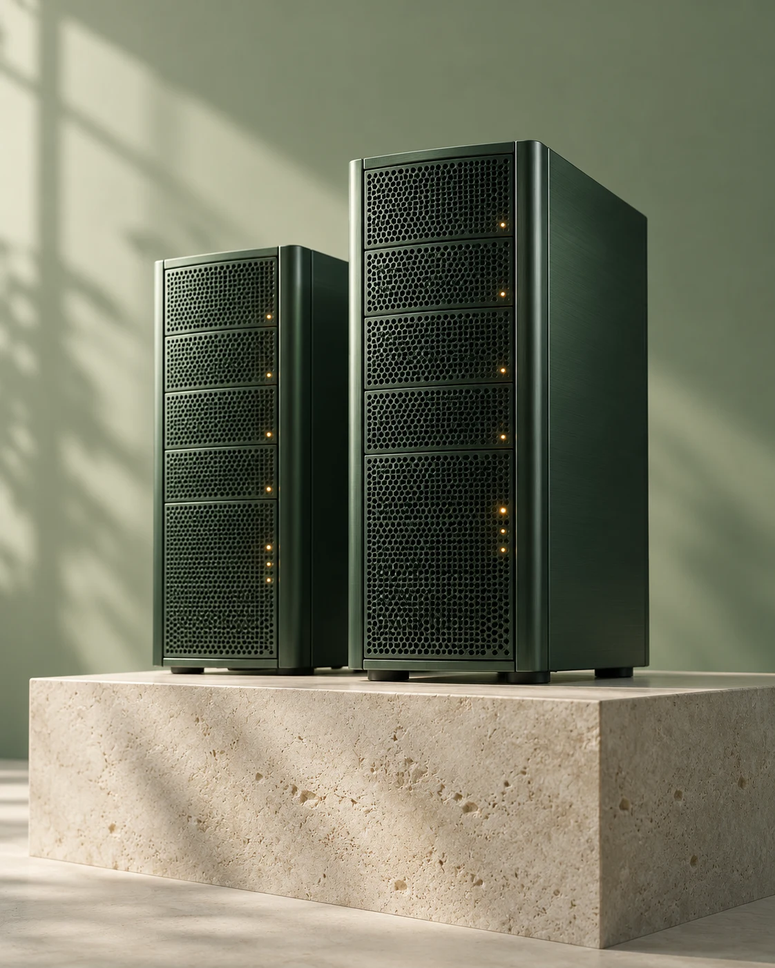 Forest-green server towers on an ivory stone plinth, an editorial visual for the Clytrix hosting platform