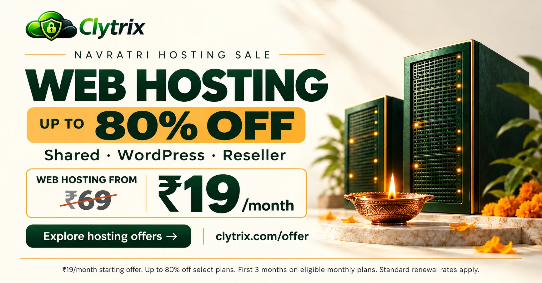 Clytrix Navratri hosting campaign advertising up to 80% off select plans and web hosting from ₹19 per month, with ₹69 crossed out
