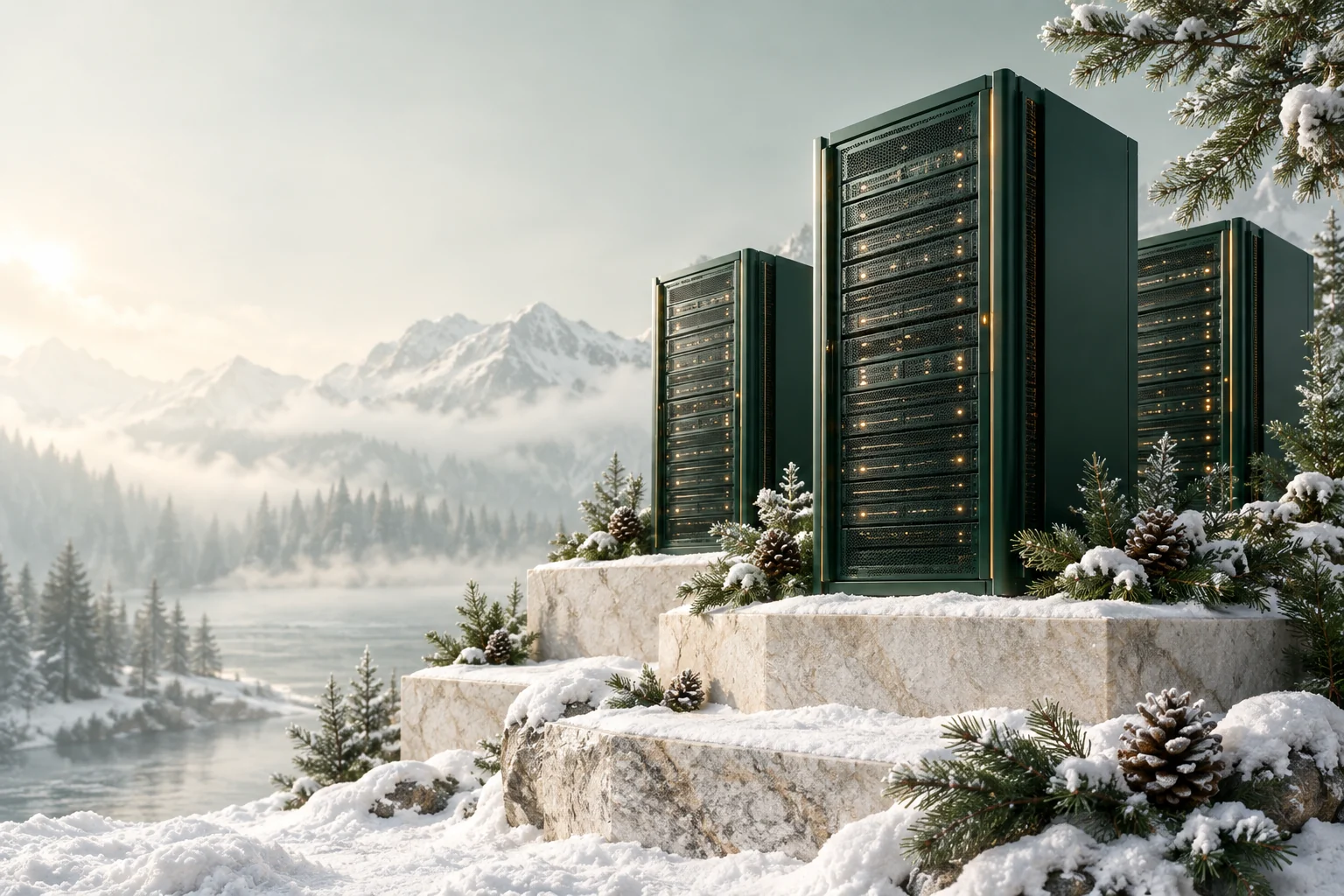 Evergreen servers in a snowy winter setting