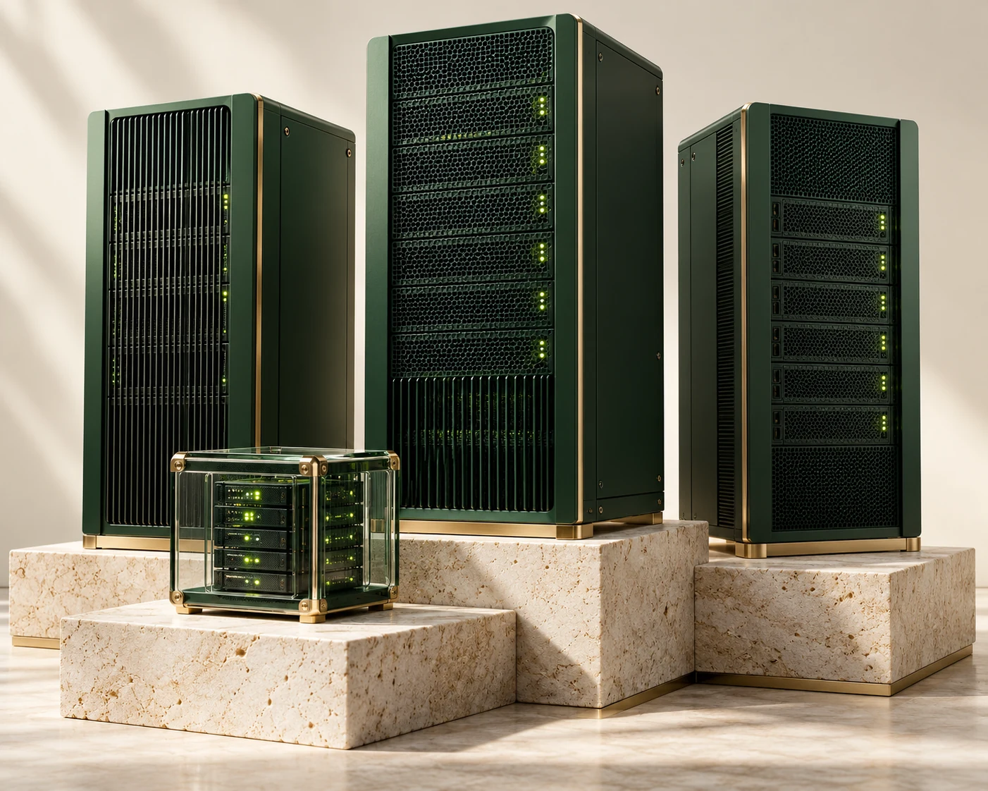 Forest-green server towers on an ivory stone plinth, an editorial visual for the Clytrix hosting platform